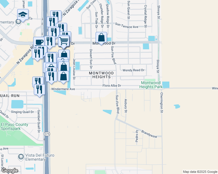 map of restaurants, bars, coffee shops, grocery stores, and more near 12460 Flora Alba Drive in El Paso