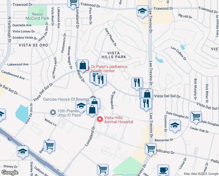 map of restaurants, bars, coffee shops, grocery stores, and more near 1506 Monte Sanders Lane in El Paso