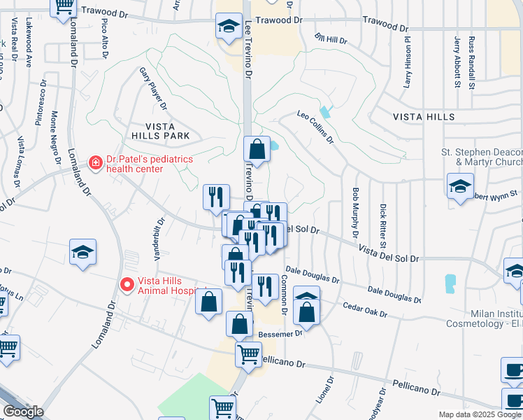 map of restaurants, bars, coffee shops, grocery stores, and more near 11205 Campestre Lane in El Paso