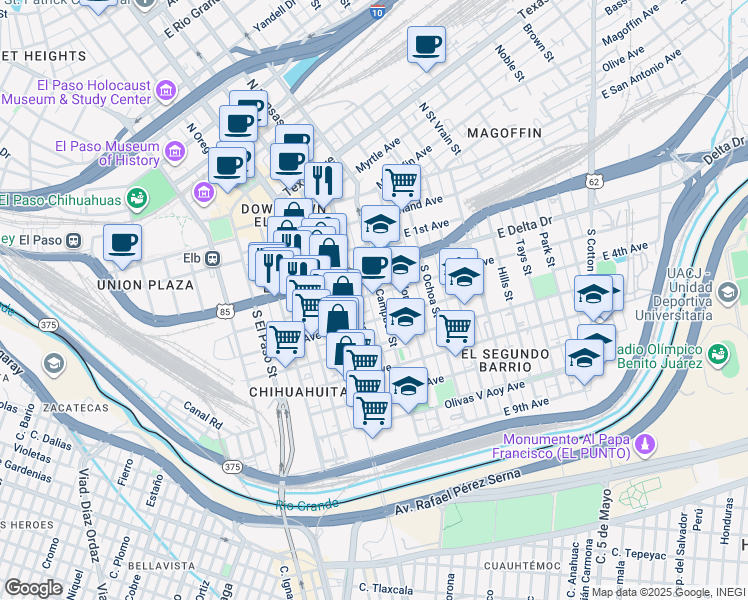 map of restaurants, bars, coffee shops, grocery stores, and more near 506 South Kansas Street in El Paso