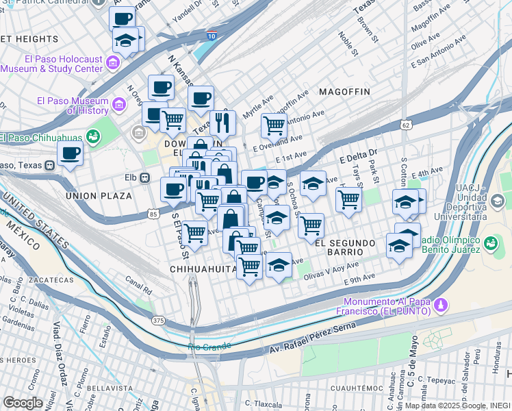map of restaurants, bars, coffee shops, grocery stores, and more near 506 South Kansas Street in El Paso