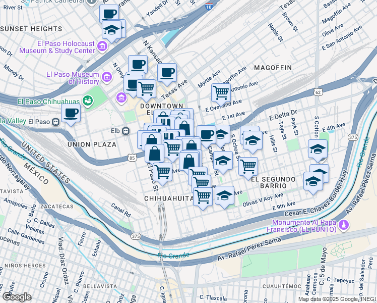 map of restaurants, bars, coffee shops, grocery stores, and more near 421 South Stanton Street in El Paso