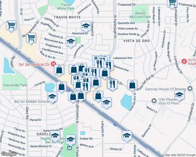 map of restaurants, bars, coffee shops, grocery stores, and more near 1176 North Yarbrough Drive in El Paso