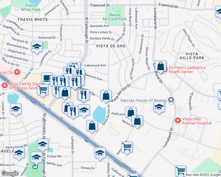 map of restaurants, bars, coffee shops, grocery stores, and more near 10701 Vista Del Sol Drive in El Paso