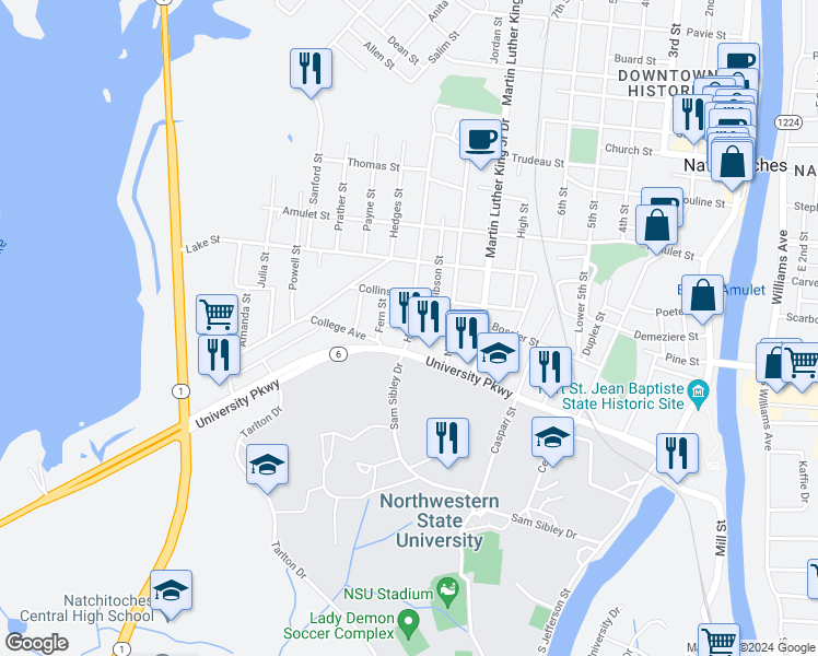 map of restaurants, bars, coffee shops, grocery stores, and more near 125 Howell Street in Natchitoches
