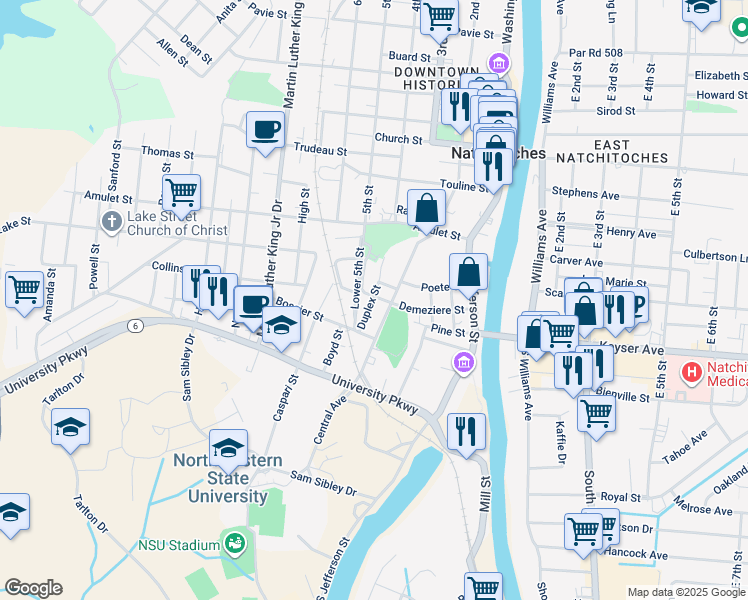 map of restaurants, bars, coffee shops, grocery stores, and more near 236 2nd Street in Natchitoches