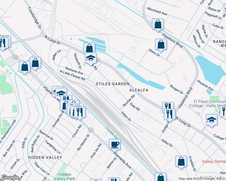 map of restaurants, bars, coffee shops, grocery stores, and more near 7141 Stiles Drive in El Paso