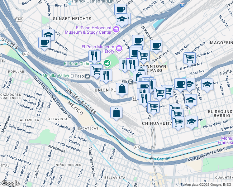 map of restaurants, bars, coffee shops, grocery stores, and more near 305 Leon Street in El Paso