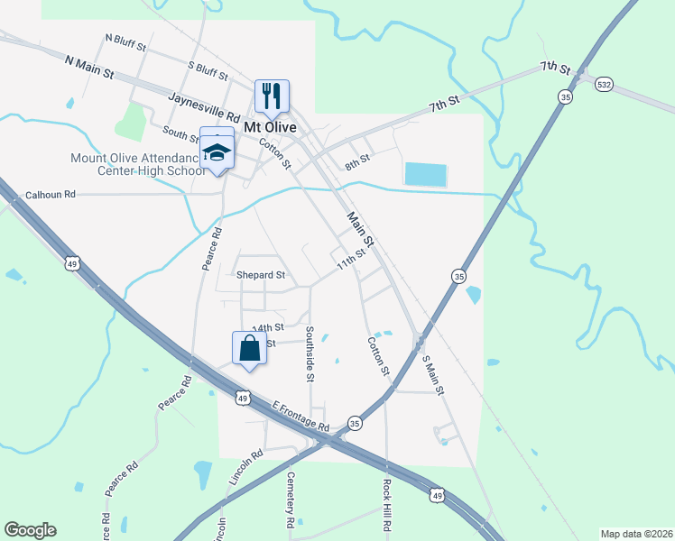 map of restaurants, bars, coffee shops, grocery stores, and more near 311A 11th Street in Mount Olive