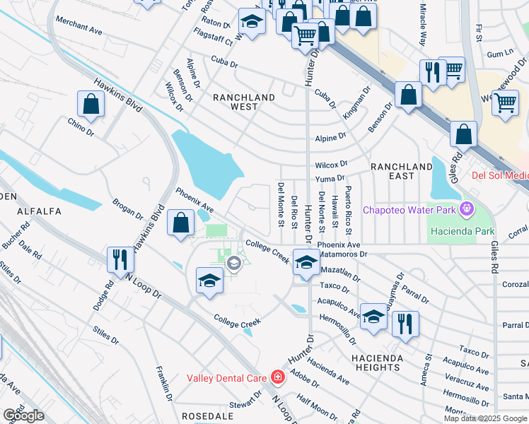 map of restaurants, bars, coffee shops, grocery stores, and more near 7401 Phoenix Avenue in El Paso