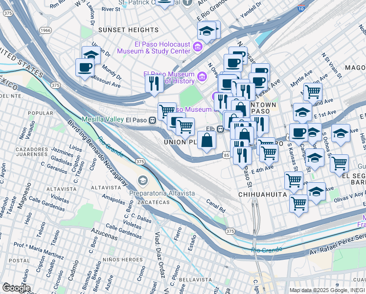 map of restaurants, bars, coffee shops, grocery stores, and more near 422 Durango Street in El Paso