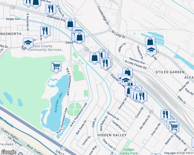 map of restaurants, bars, coffee shops, grocery stores, and more near 131 Ben Swain Drive in El Paso