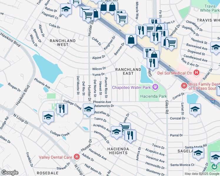 map of restaurants, bars, coffee shops, grocery stores, and more near 1112 Alaska Street in El Paso
