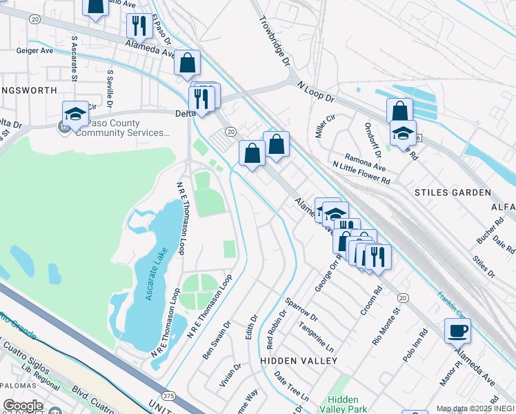 map of restaurants, bars, coffee shops, grocery stores, and more near 131 Ben Swain Drive in El Paso