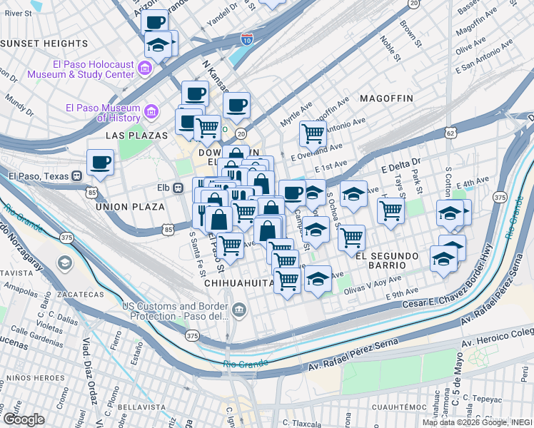 map of restaurants, bars, coffee shops, grocery stores, and more near 421 South Stanton Street in El Paso