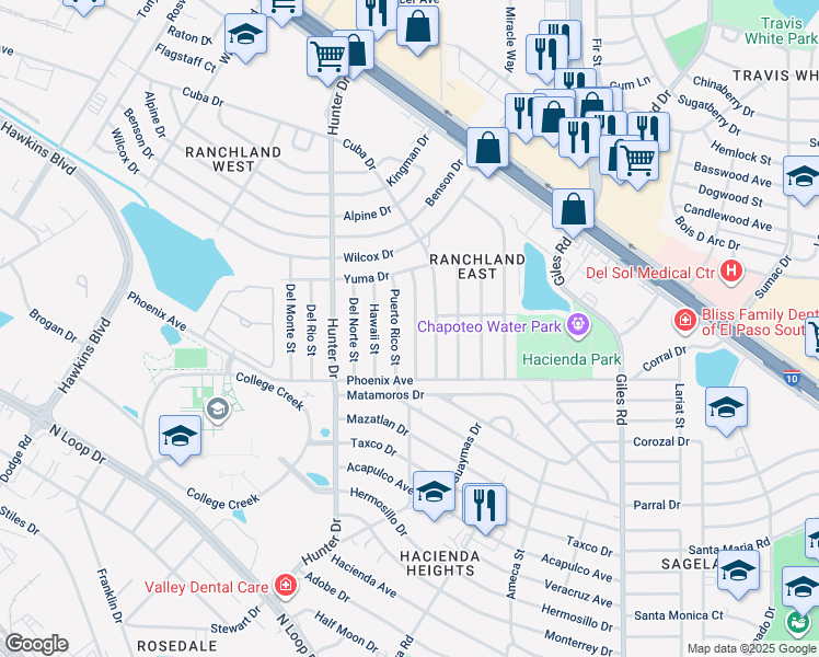 map of restaurants, bars, coffee shops, grocery stores, and more near 1112 Alaska Street in El Paso