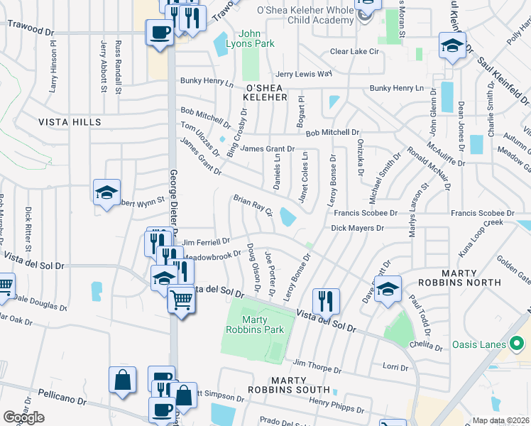 map of restaurants, bars, coffee shops, grocery stores, and more near 1658 Brian Ray Circle in El Paso