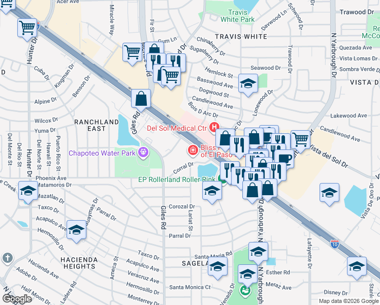 map of restaurants, bars, coffee shops, grocery stores, and more near 7878 Gateway Boulevard East in El Paso