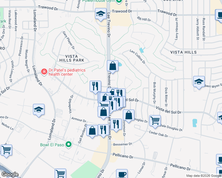 map of restaurants, bars, coffee shops, grocery stores, and more near 11205 Campestre Lane in El Paso