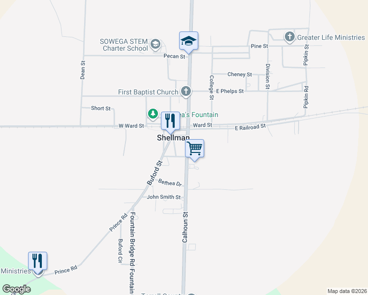 map of restaurants, bars, coffee shops, grocery stores, and more near 3072 Calhoun Street in Shellman
