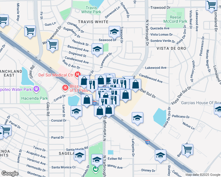 map of restaurants, bars, coffee shops, grocery stores, and more near 1105 North Yarbrough Drive in El Paso