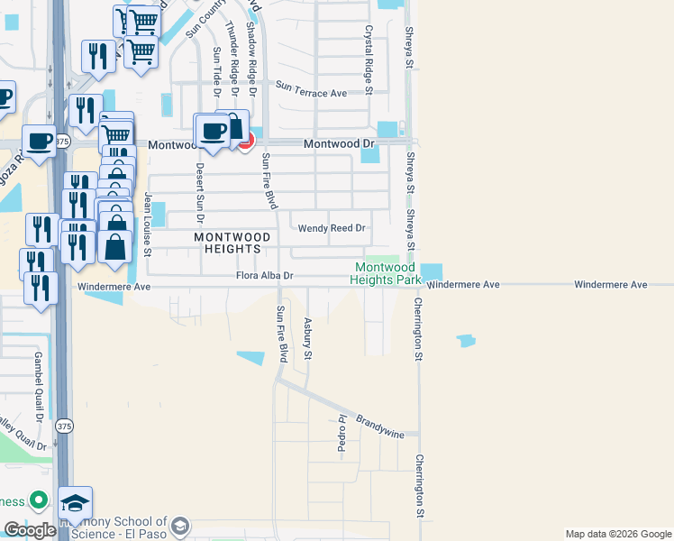 map of restaurants, bars, coffee shops, grocery stores, and more near 12572 Flora Alba Drive in El Paso