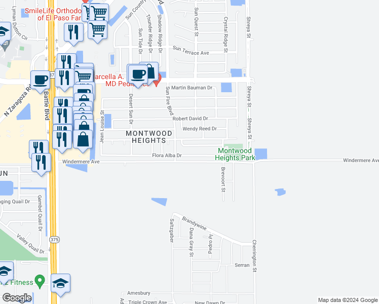 map of restaurants, bars, coffee shops, grocery stores, and more near 12528 Flora Alba Drive in El Paso