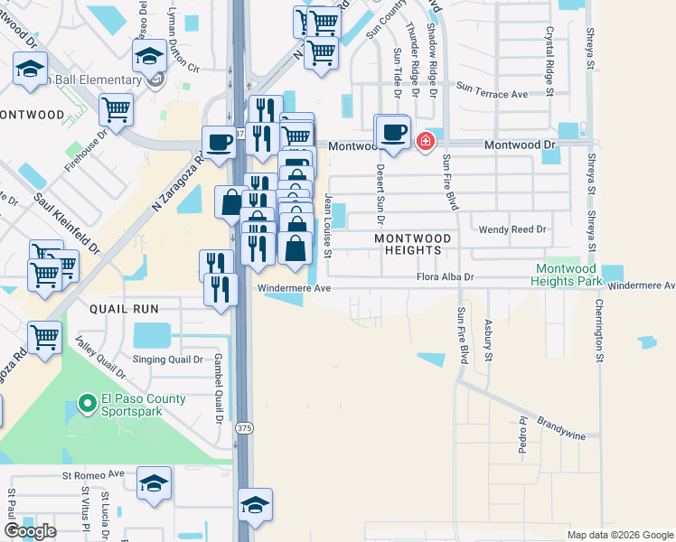 map of restaurants, bars, coffee shops, grocery stores, and more near 12316 Flora Alba Drive in El Paso