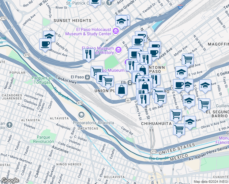 map of restaurants, bars, coffee shops, grocery stores, and more near 422 Durango Street in El Paso