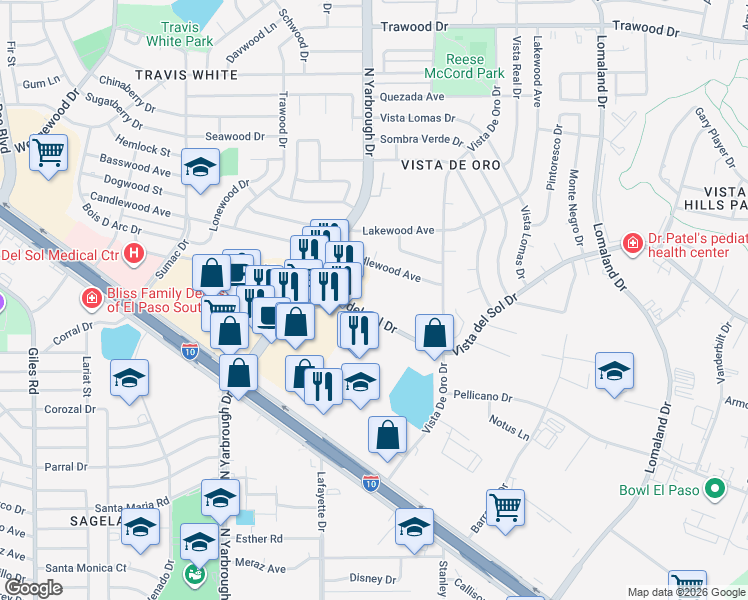 map of restaurants, bars, coffee shops, grocery stores, and more near 10661 Vista Del Sol Drive in El Paso