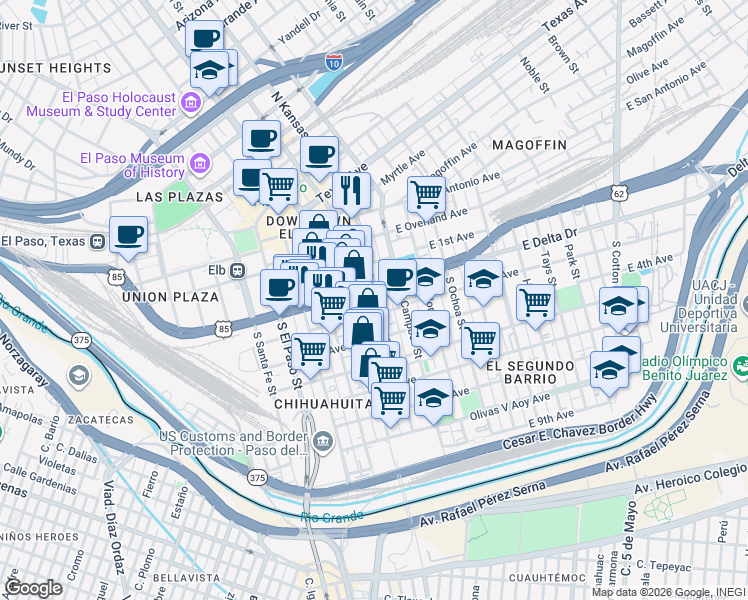 map of restaurants, bars, coffee shops, grocery stores, and more near 506 South Kansas Street in El Paso