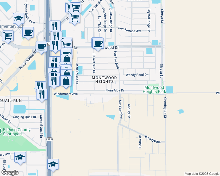 map of restaurants, bars, coffee shops, grocery stores, and more near 12460 Flora Alba Drive in El Paso