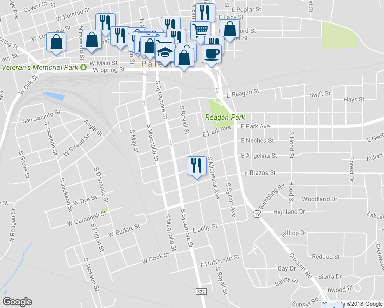 map of restaurants, bars, coffee shops, grocery stores, and more near 204 East Neches Street in Palestine