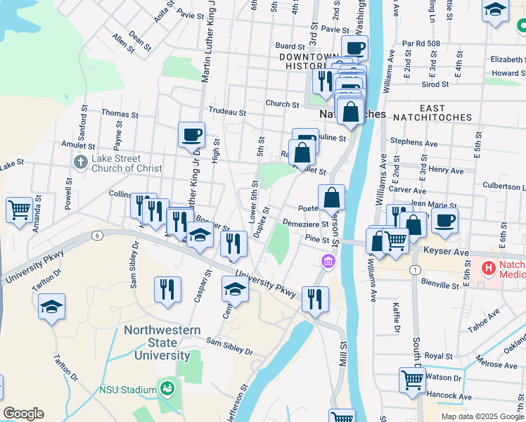 map of restaurants, bars, coffee shops, grocery stores, and more near 236 2nd Street in Natchitoches