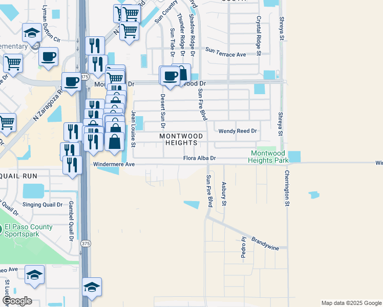 map of restaurants, bars, coffee shops, grocery stores, and more near 12460 Flora Alba Drive in El Paso