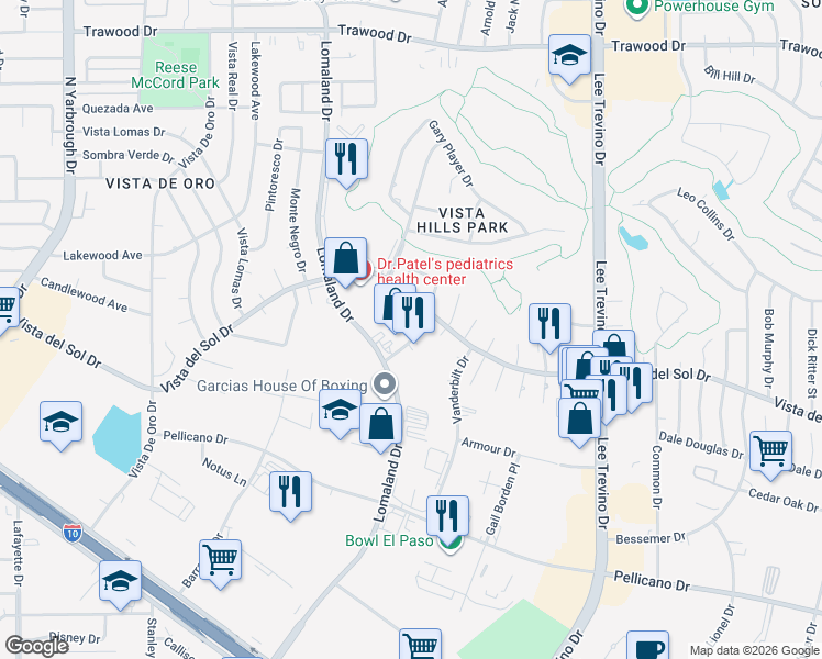 map of restaurants, bars, coffee shops, grocery stores, and more near 11062 Vista Del Sol Drive in El Paso