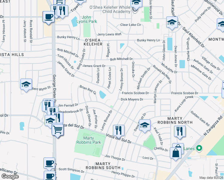 map of restaurants, bars, coffee shops, grocery stores, and more near 11560 James Grant Drive in El Paso