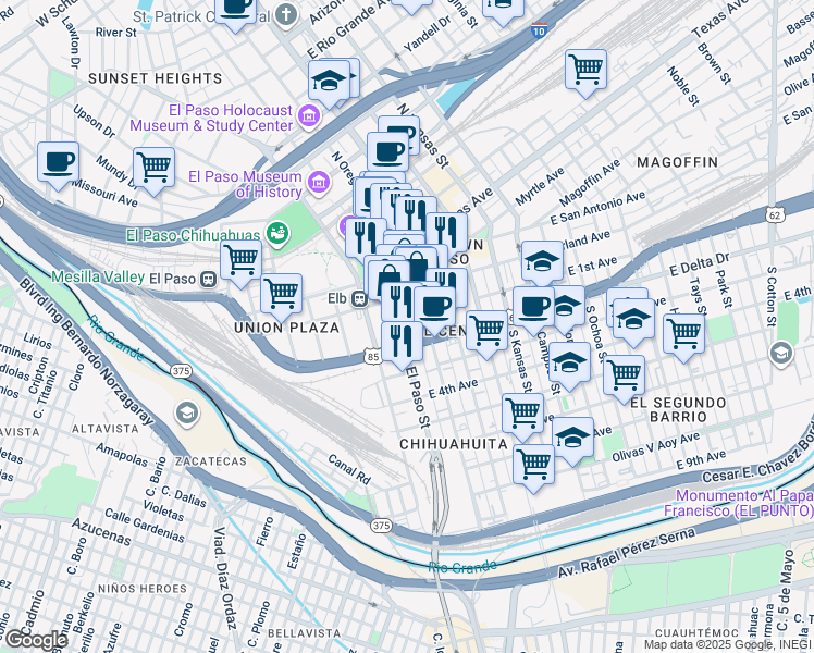 map of restaurants, bars, coffee shops, grocery stores, and more near 200-384 Alley East in El Paso
