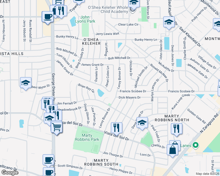 map of restaurants, bars, coffee shops, grocery stores, and more near 11560 James Grant Drive in El Paso