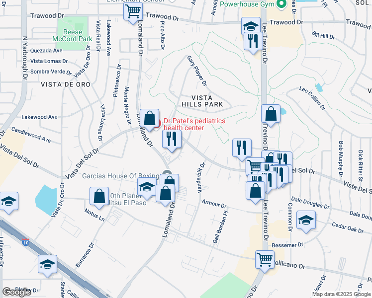 map of restaurants, bars, coffee shops, grocery stores, and more near 11062 Vista Del Sol Drive in El Paso