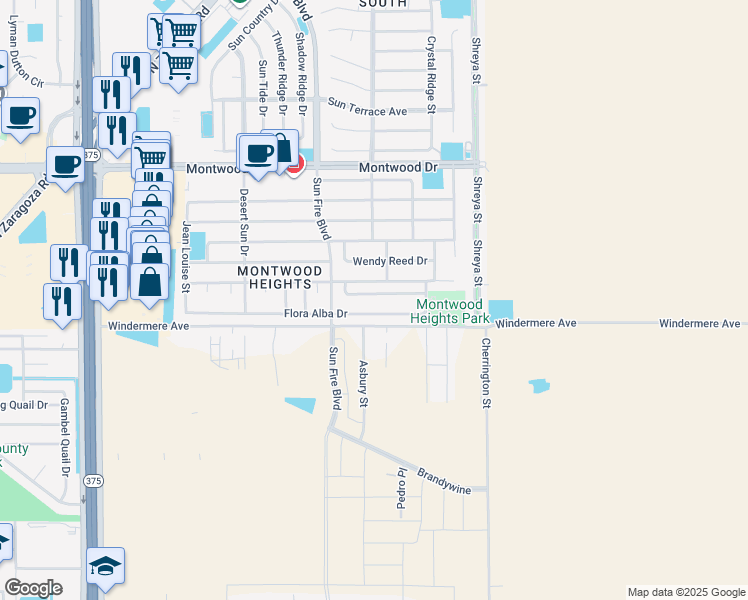 map of restaurants, bars, coffee shops, grocery stores, and more near 12512 Alicia Arzola Drive in El Paso