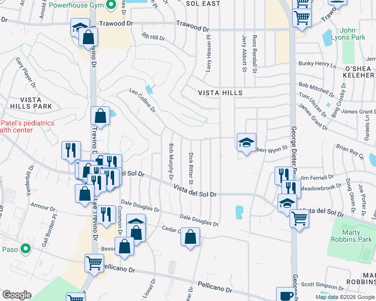 map of restaurants, bars, coffee shops, grocery stores, and more near 1657 Dick Ritter Street in El Paso