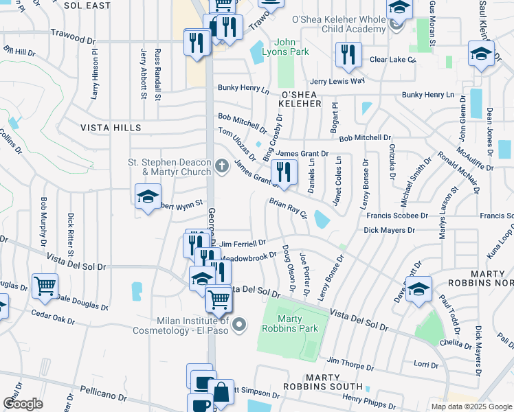 map of restaurants, bars, coffee shops, grocery stores, and more near 1648 Rick Rhodes Drive in El Paso