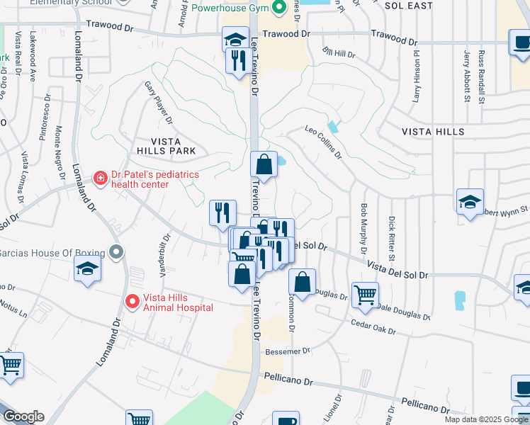 map of restaurants, bars, coffee shops, grocery stores, and more near 11100 Vista Lago Place in El Paso