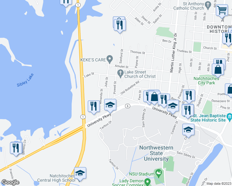 map of restaurants, bars, coffee shops, grocery stores, and more near 1230 Old Robeline Road in Natchitoches