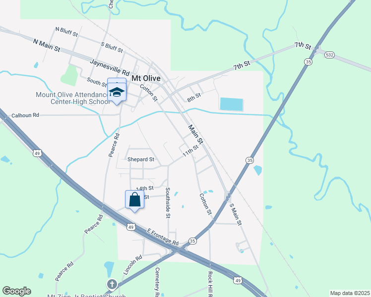 map of restaurants, bars, coffee shops, grocery stores, and more near 1001 Cotton Street in Mount Olive