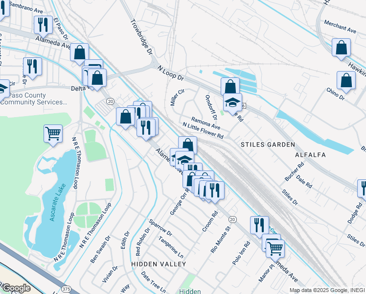 map of restaurants, bars, coffee shops, grocery stores, and more near 7055 Ramos Court in El Paso