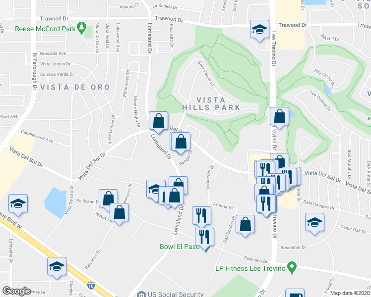 map of restaurants, bars, coffee shops, grocery stores, and more near 11062 Vista Del Sol Drive in El Paso