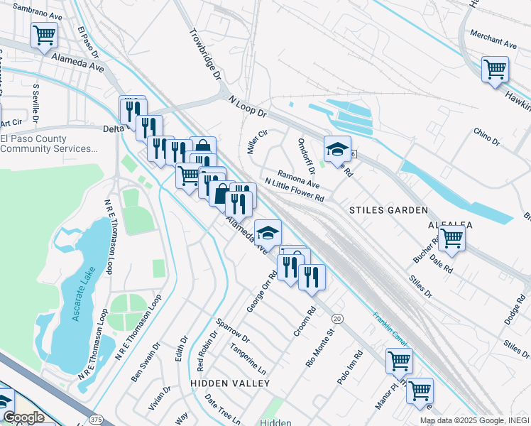 map of restaurants, bars, coffee shops, grocery stores, and more near 7055 Ramos Court in El Paso