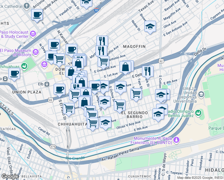 map of restaurants, bars, coffee shops, grocery stores, and more near 406 South Ochoa Street in El Paso